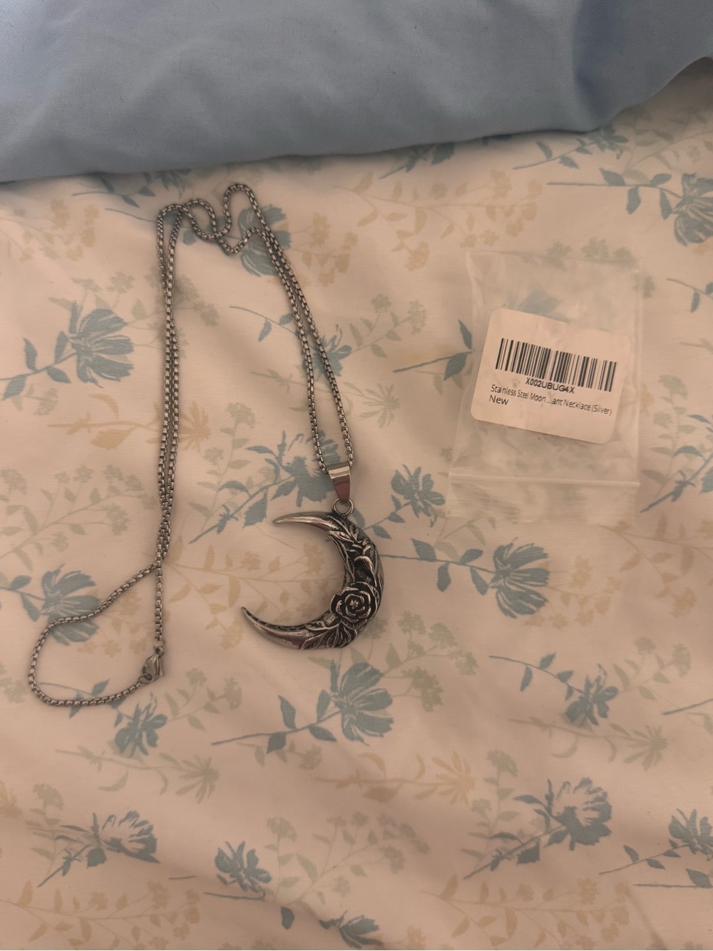 Crescent Moon Floral Pendant Necklace - Silver Tone